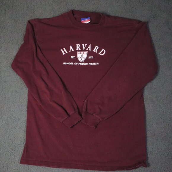 Champion T-Shirt Men's M Red Long Sleeve Ribbed Collar Harvard University NCAA - Picture 1 of 7
